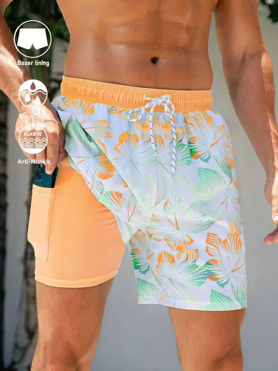 Palm Tree Print Drawstring Beach Shorts For Men Beachwear Holiday