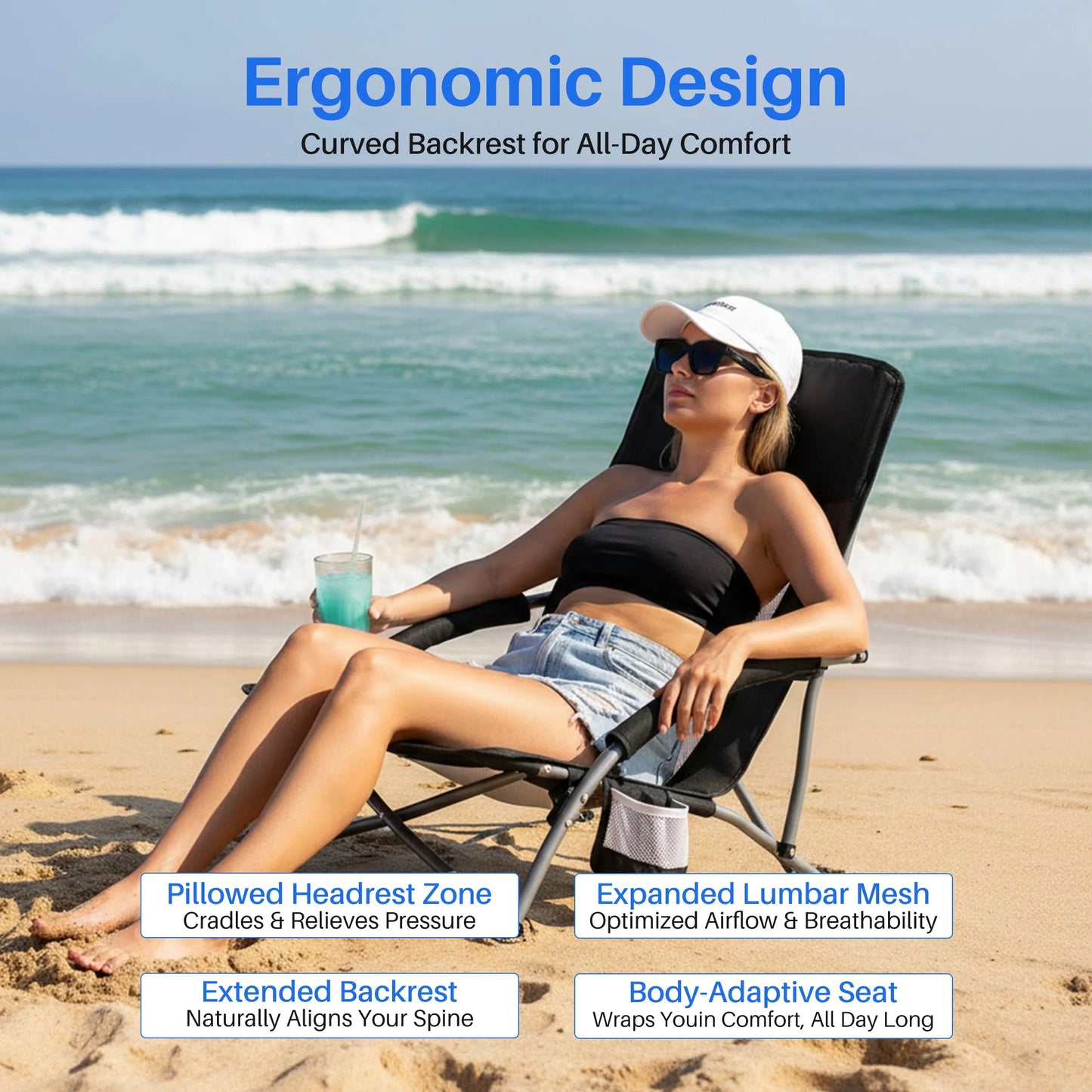 JHK Portable Folding Beach Chair With Mesh Back Cup Holder