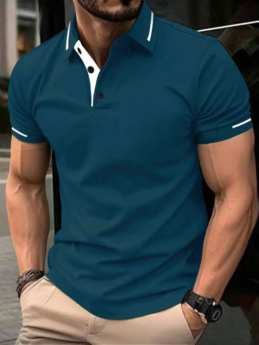 Navy Blue Men's Polo Shirt with Red Trim Collar and Cuffs, Short Sleeve Casual Summer Top