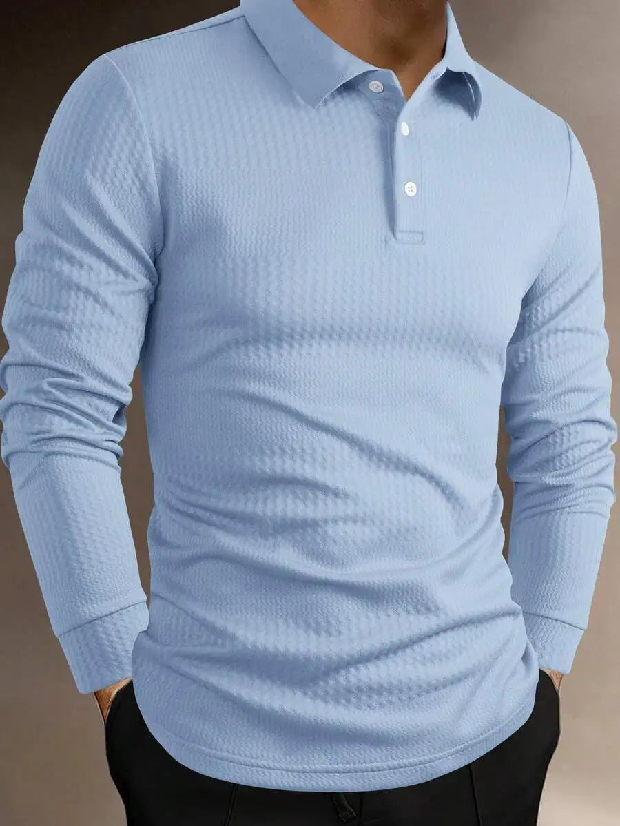 Men's Long Sleeve Textured Knit Polo Shirt - Solid White, Casual Business Wear