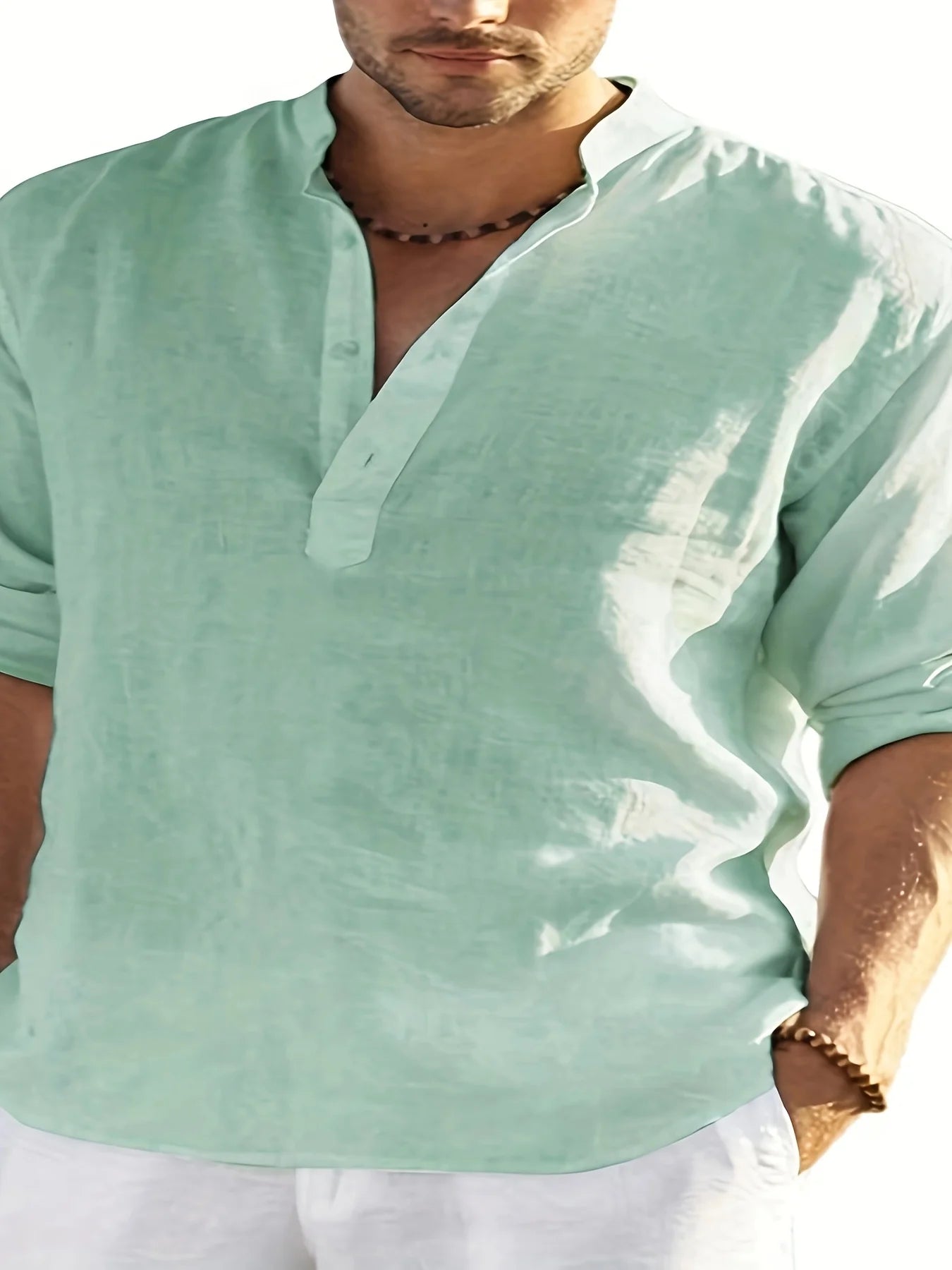 Men's Loose Fit Solid Long Sleeve Linen Collar Shirt