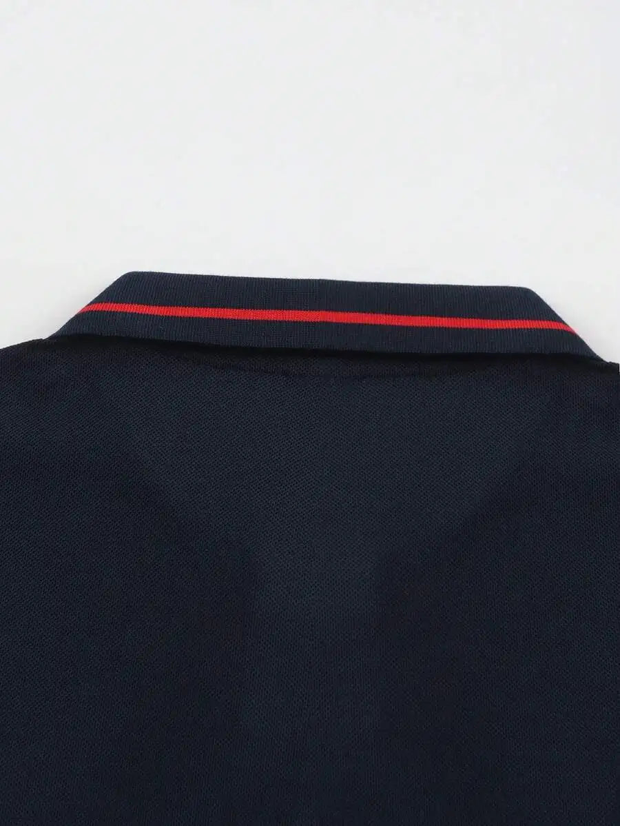 Navy Blue Men's Polo Shirt with Red Trim Collar and Cuffs, Short Sleeve Casual Summer Top