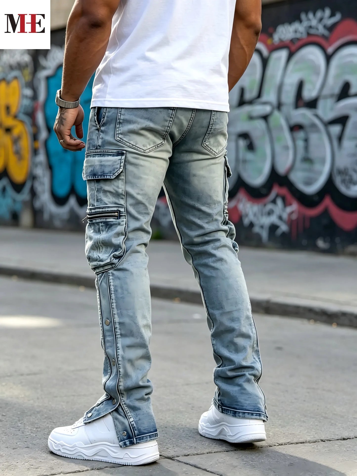 HME Mens Flared Denim Pants With Zipper Hem For Casual