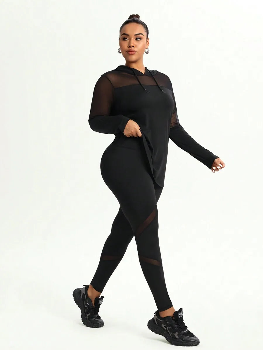 Plus Size Mesh Splice Hooded Sheer Long Sleeve Top And Leggings Activewear Set