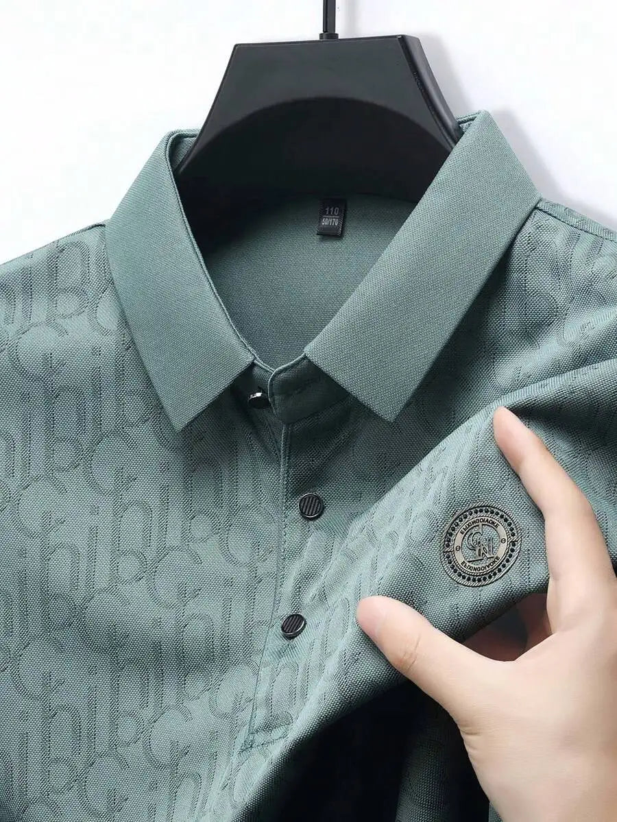Men's Lightweight Waffle-Textured Letter Print Polo Shirt, Casual Turn-Down Collar