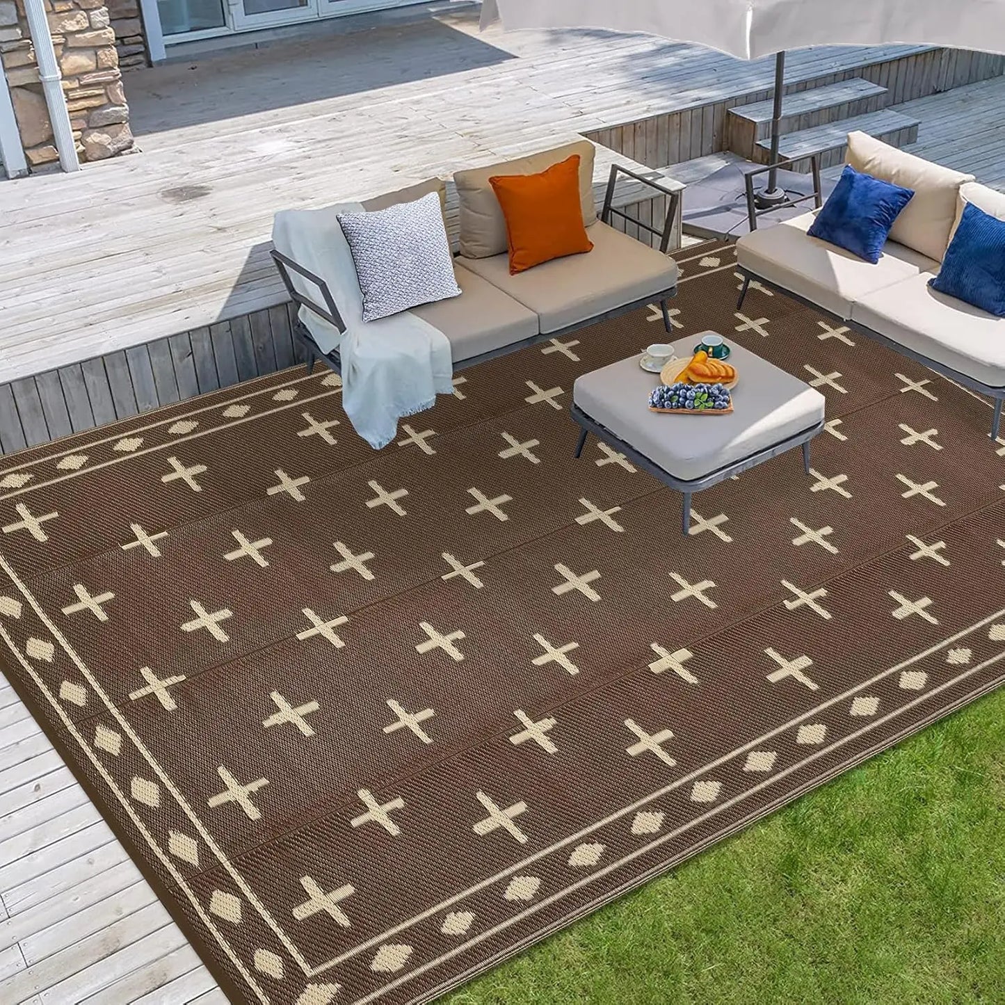 Outdoor Rug, Reversible Waterproof Plastic Straw Patio Mat with Geometric Border Design, Large RV Camping Rug for Deck, Balcony