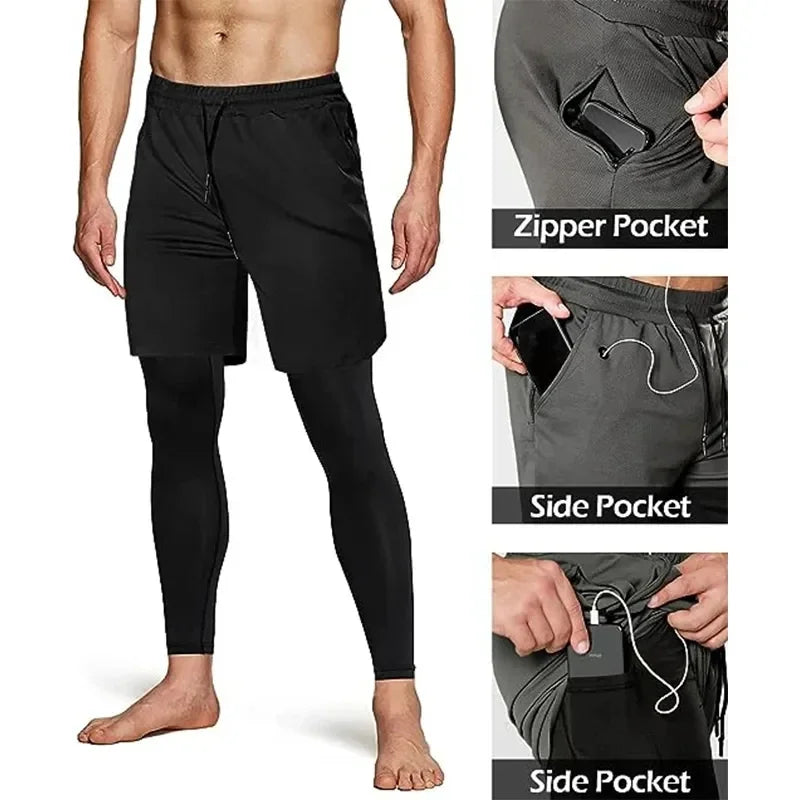Double-deck 2 in 1Pants Men Sportswear Compression Leggings Gyms Male Trousers Casual Tracksuit Track Joggers Sweatpants Men