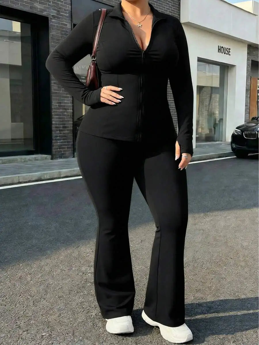 Plus Size Women Solid Color Long Sleeve Zip Up Top And Flared Pants Slim Fit Sportswear Set
