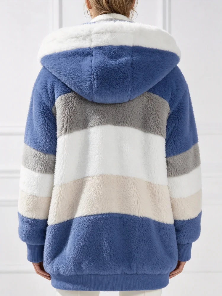 Womens Thick Fleece Hooded Patchwork Winter Casual Coat