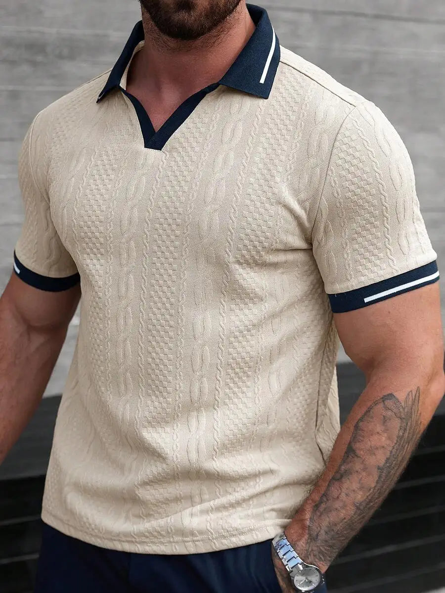 Navy Blue Men's Polo Shirt with Red Trim Collar and Cuffs, Short Sleeve Casual Summer Top