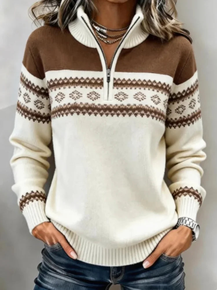 Women's Fair Isle Geometric Jacquard Half Zip Mock Neck Sweater