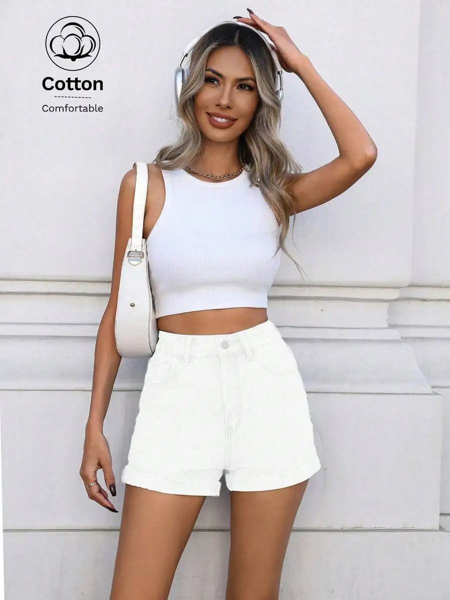 Y2K Style Casual Rolled Hem Straight Leg Denim Shorts For Women
