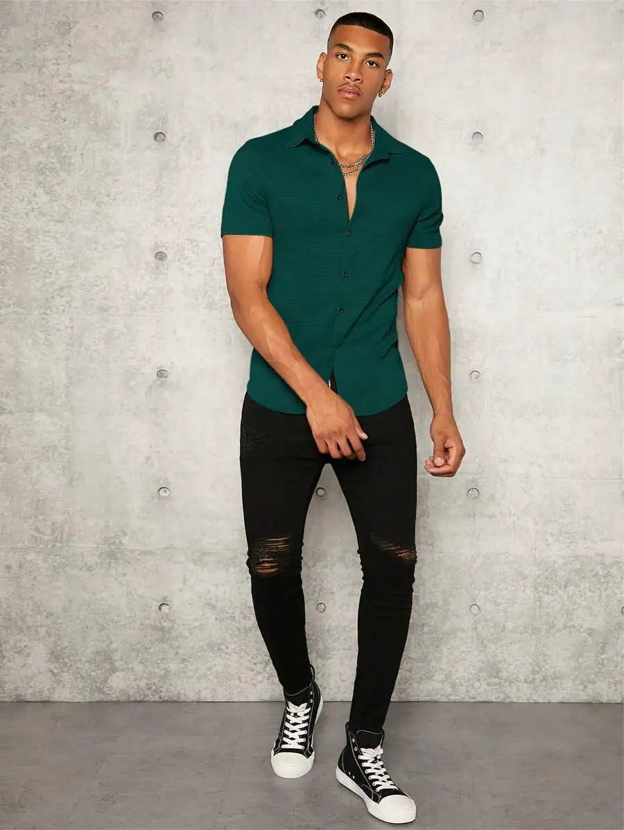 Manfinity VCAY Men Solid Button Front Shirt Cotton Dobby Knit