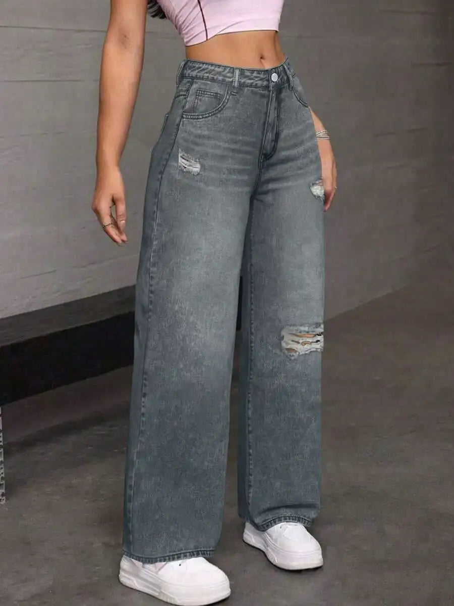 Womens High Waist Ripped Denim Jeans Straight Leg Streetwear