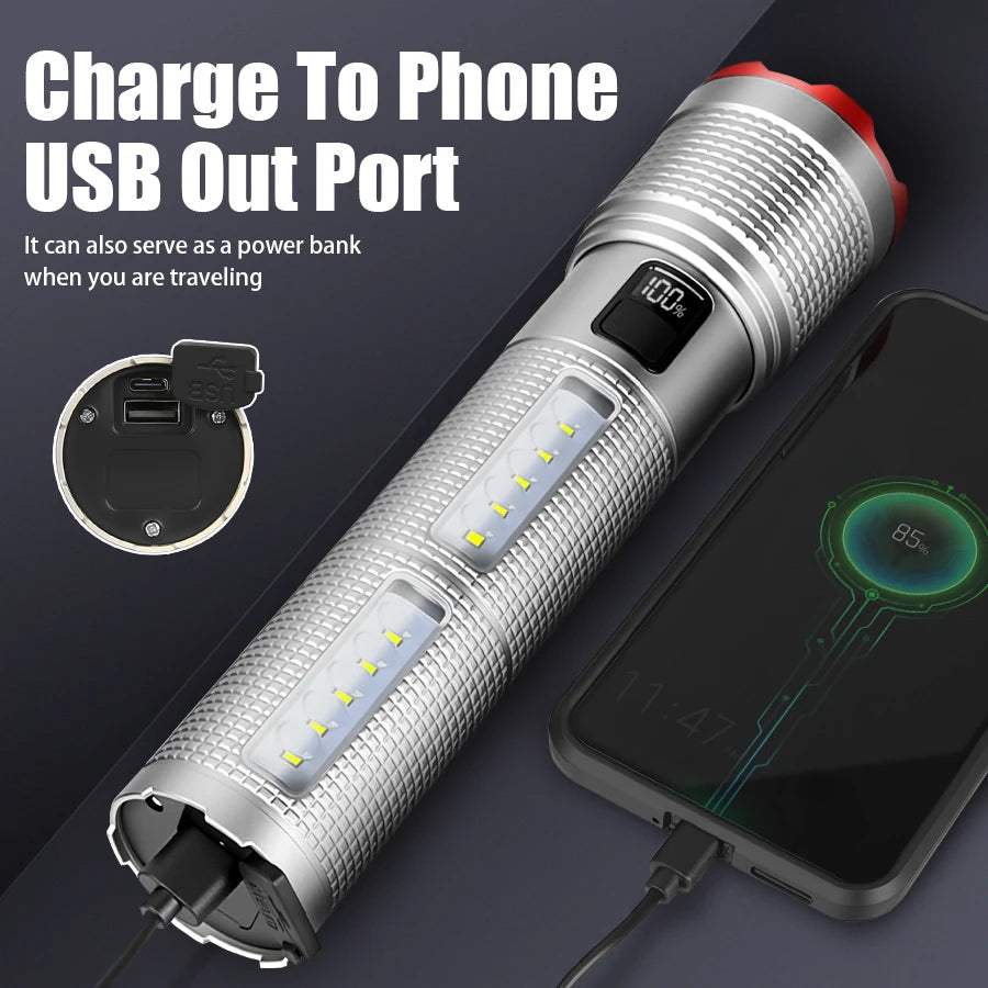 5000 MAH Powerful LED Flashlight Rechargeable Lamp Side Light Waterproof Tactical Lantern Handheld Torch Outdoor Camping Hiking