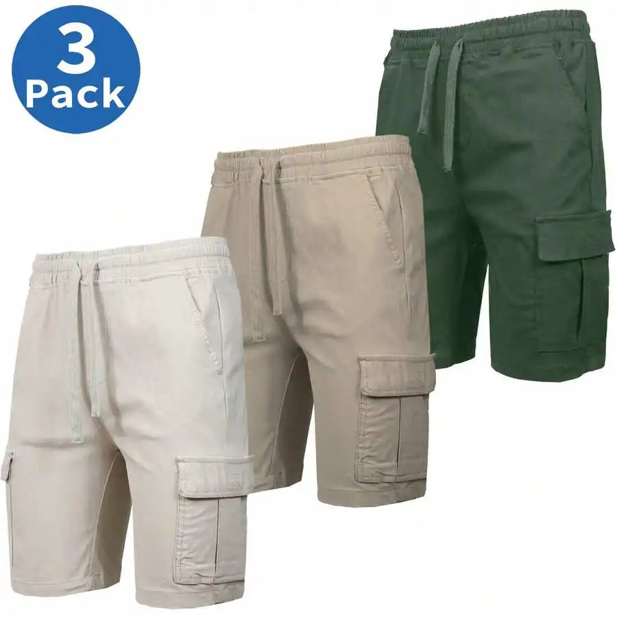 Mens Casual Cargo Shorts Elastic Waist Drawstring Cotton 3 Pack
