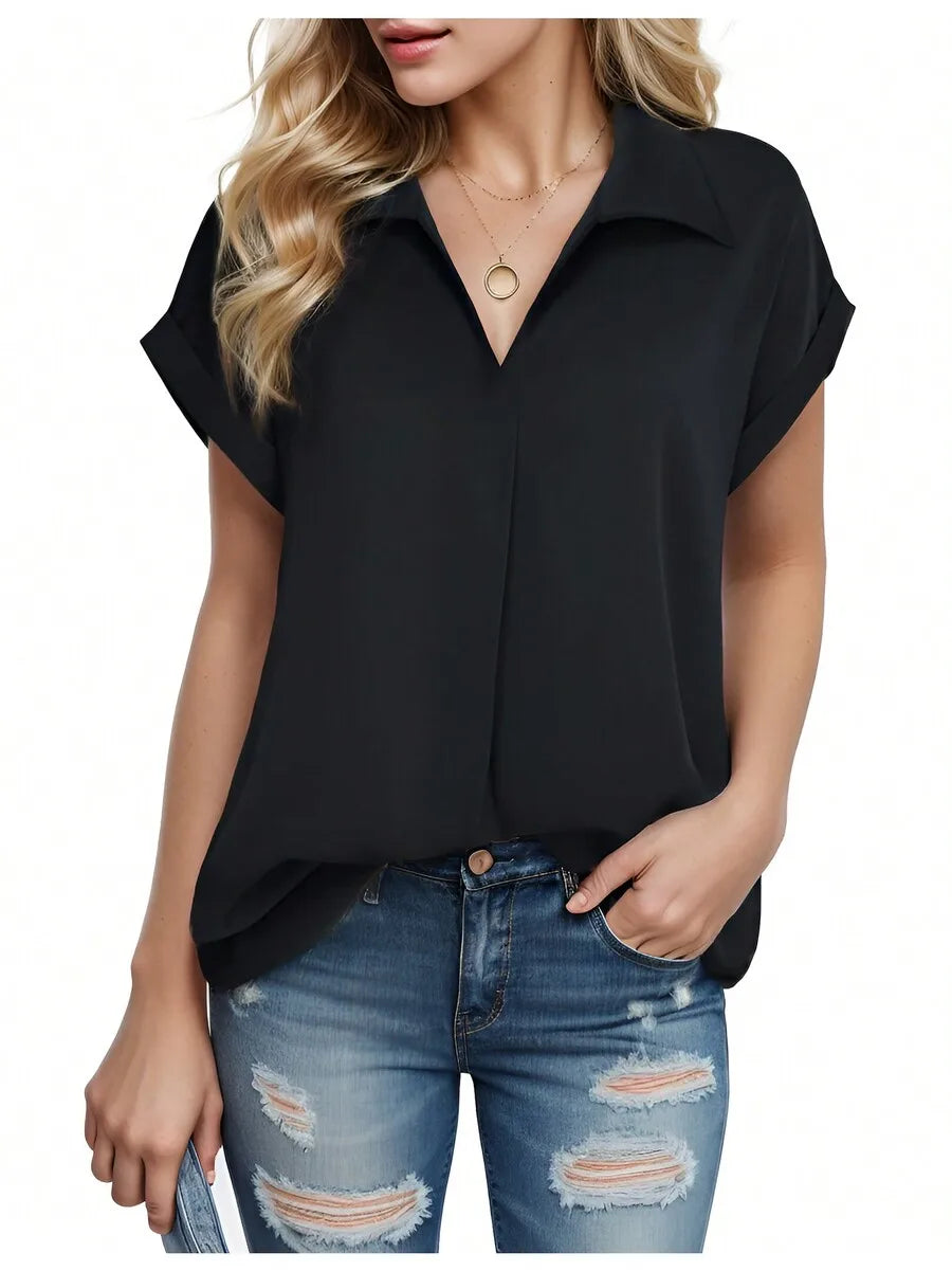 Womens Chiffon Short Sleeve Shirt With Turn Down Collar