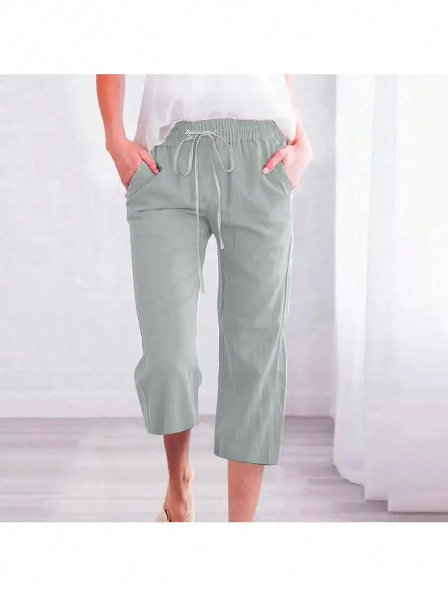 Womens Summer Elastic High Waist Linen Cotton Blend Drawstring Capris
