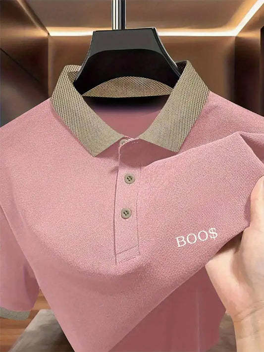 Pink Short-Sleeve Polo Shirt with Contrast Collar and Embroidered Text Design