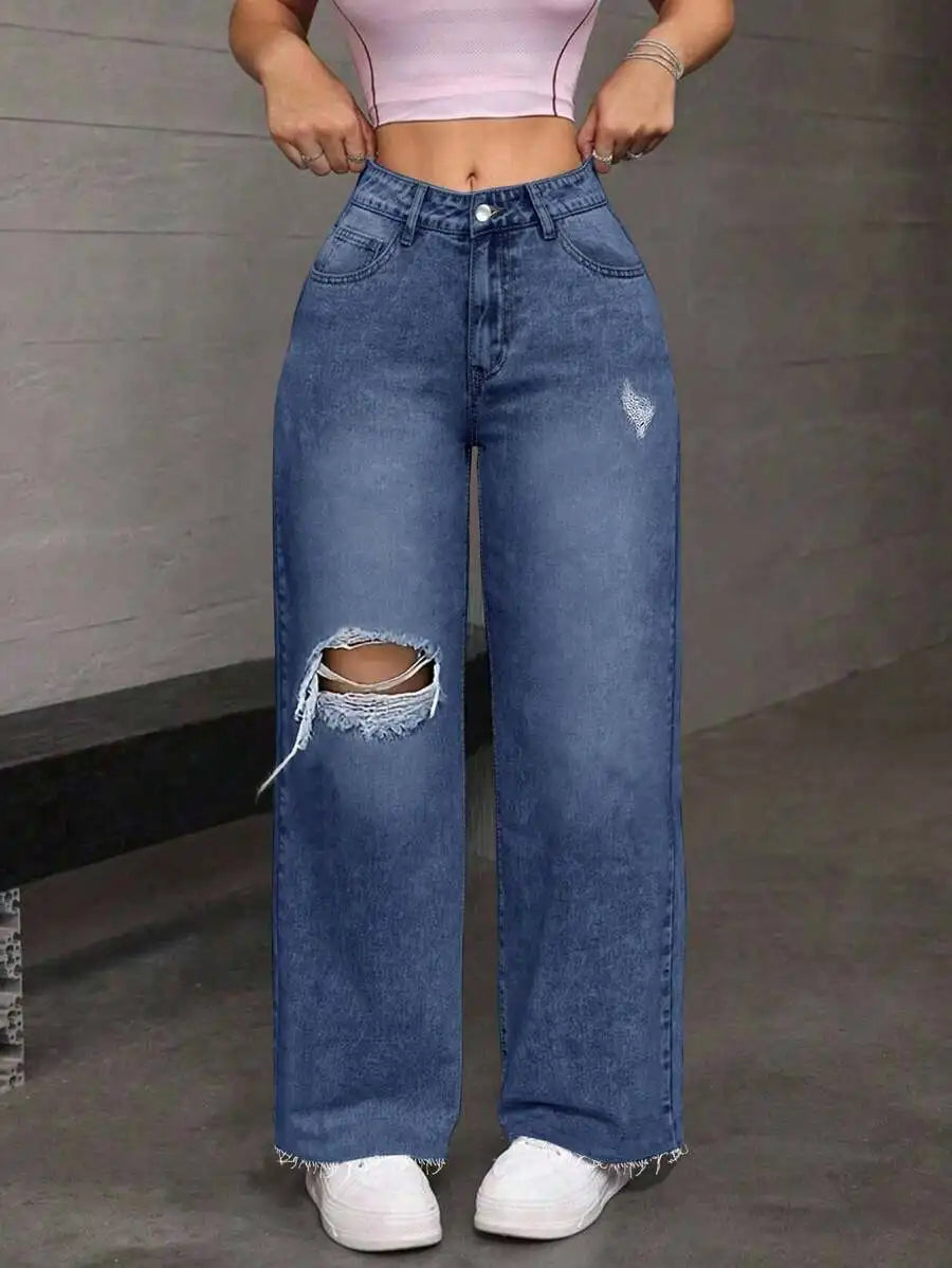 Womens High Waist Ripped Denim Jeans Straight Leg Streetwear