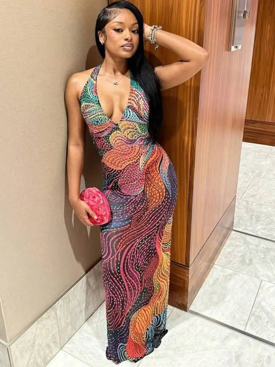 Elegant Halter Neck Sleeveless Gown for Women Festival
