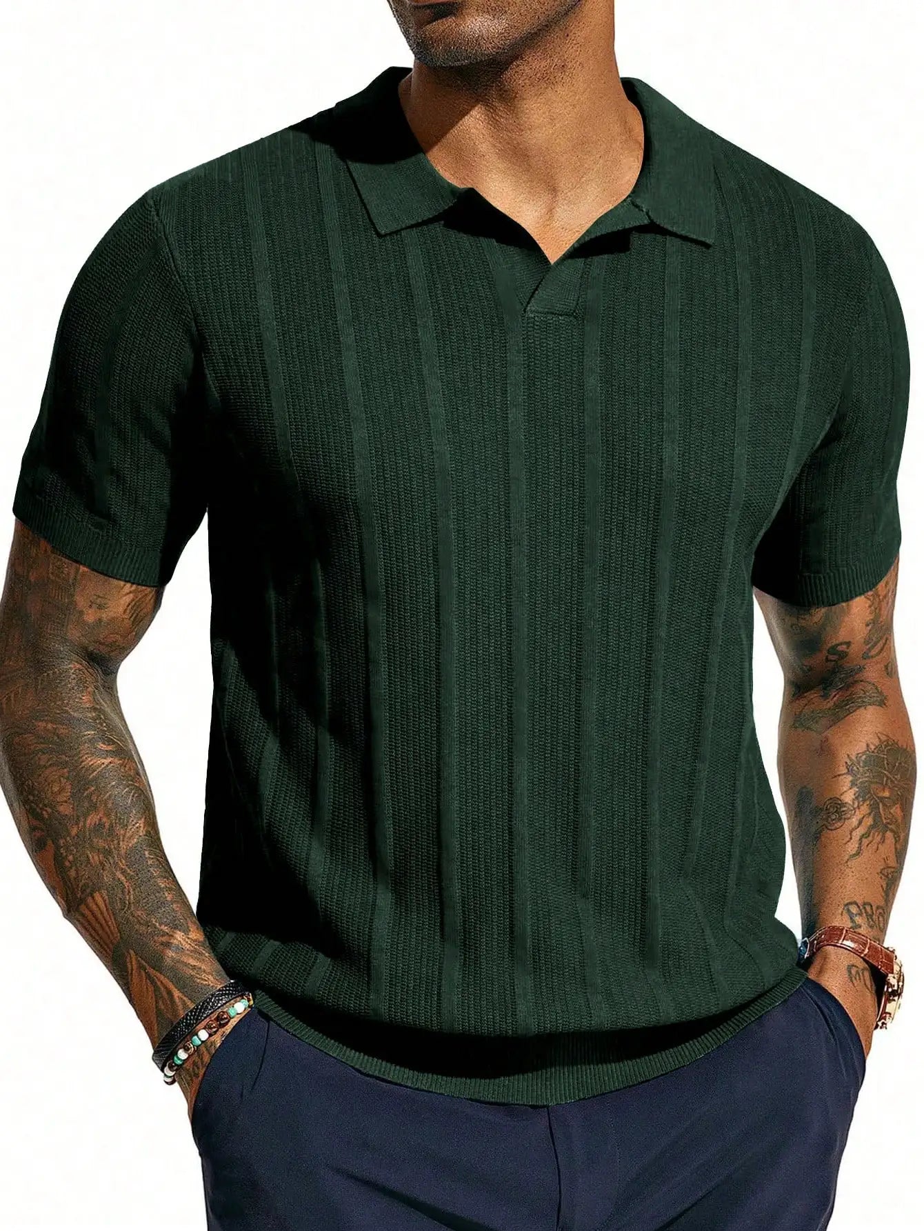Men's Navy Blue Short - Sleeve Knitted Polo Shirt - Vertical Ribbed Pattern - Comfortable And Stylish For Daily And Smart - Casual Wear