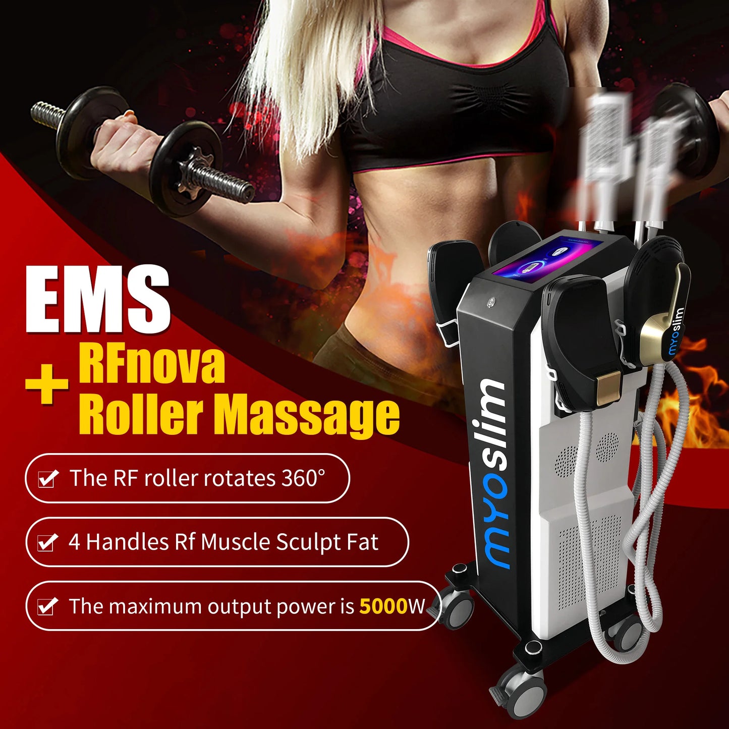 EMS Sculpting Machine, RFnova Roller Massage, 4 Handles, 5000W, Body Shaping, Fat Reduction, Muscle Sculpt, Salon Beauty Equipme