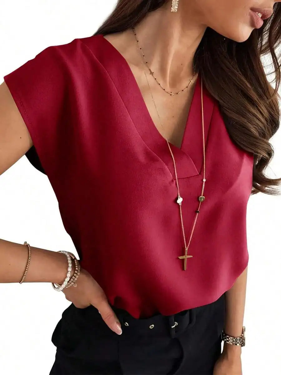 Chiffon V Neck Cap Sleeve Blouse For Women Office Casual Solid Top