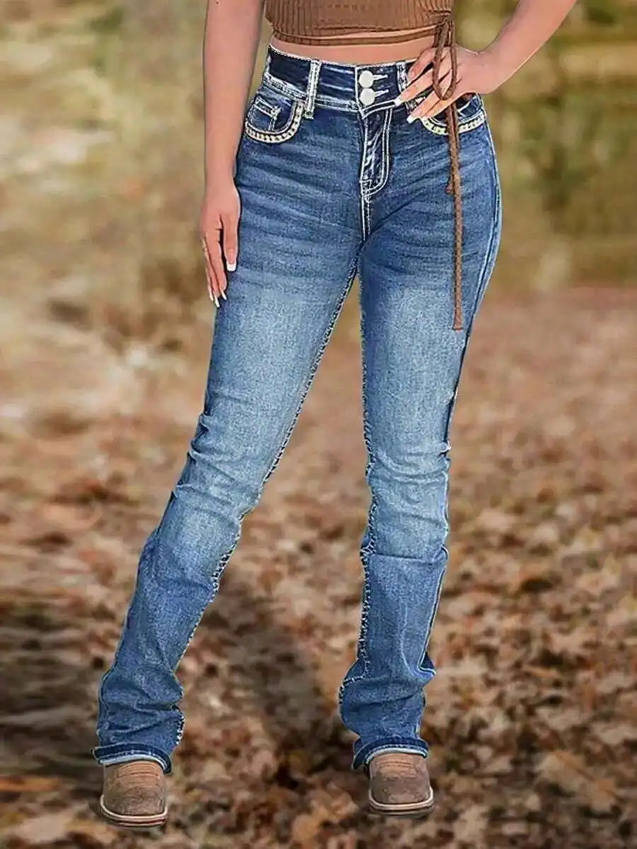 Relaxed Fit Denim Jeans With Embroidered Back Pocket Y2K