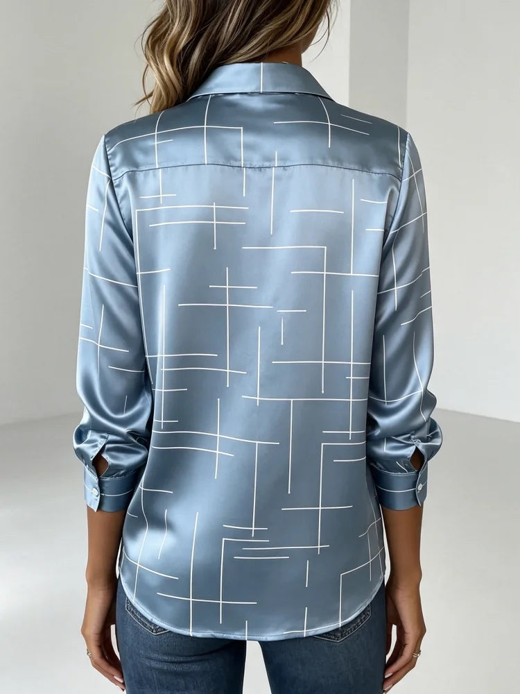 Women's Elegant Printed Satin Long Sleeve Button Down Blouse
