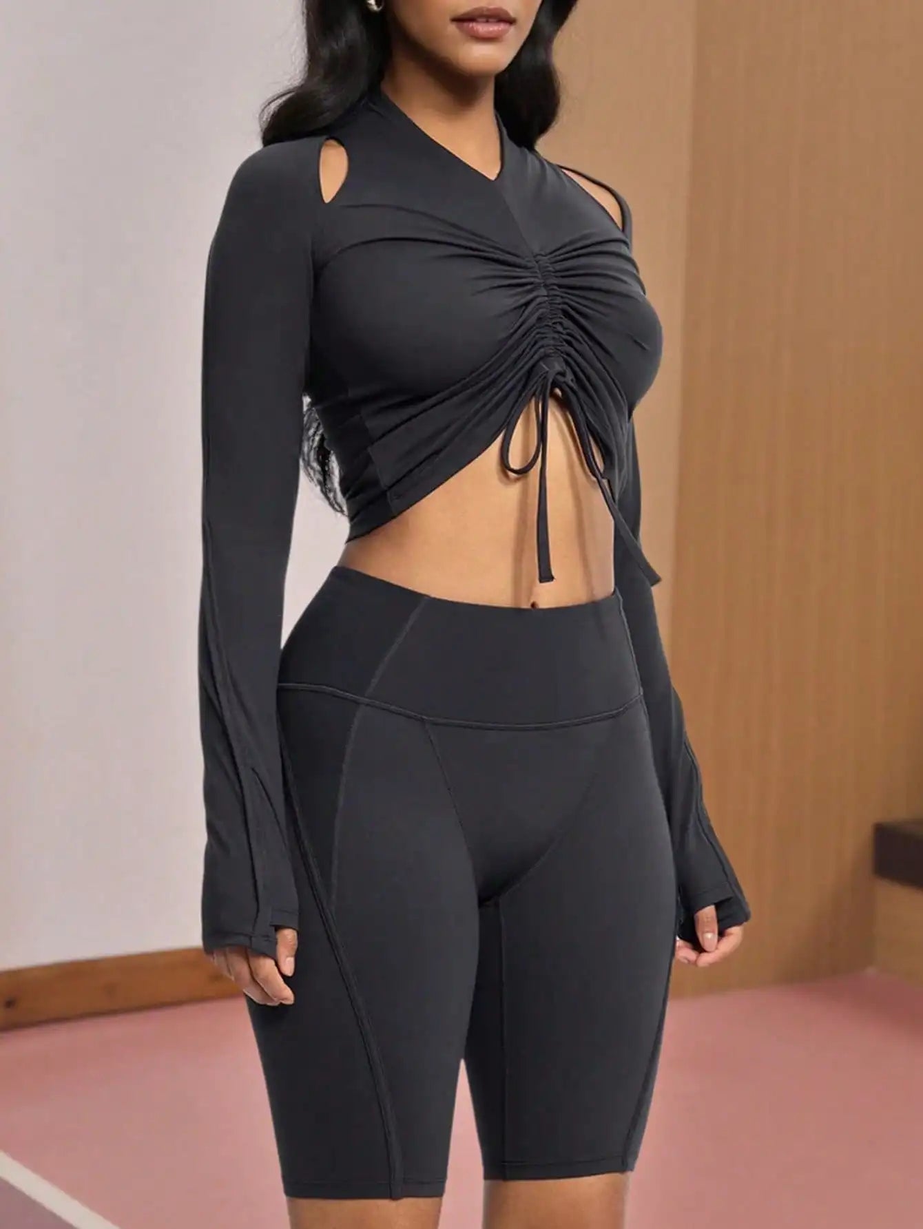 Fisoew Womens Long Sleeve Ruched Tops Workout Slim Fit Cropped Drawstring Shirts Gym Yoga Outfits