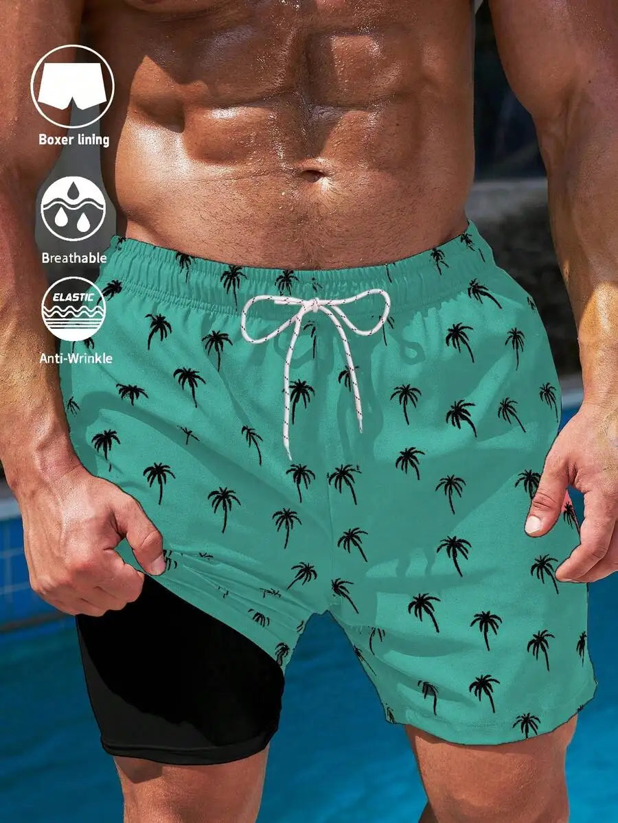 Palm Tree Print Drawstring Beach Shorts For Men Beachwear Holiday