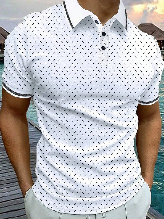 Men's White Short Sleeve Polo Shirt with Geometric Dot Pattern, Casual Workwear