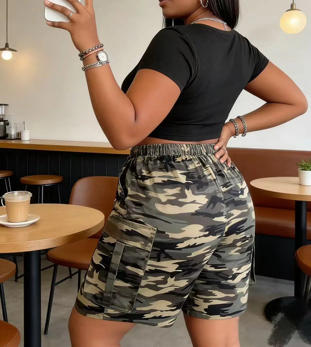 Women's Gradient Camel Print Casual Drawstring Pocket Shorts