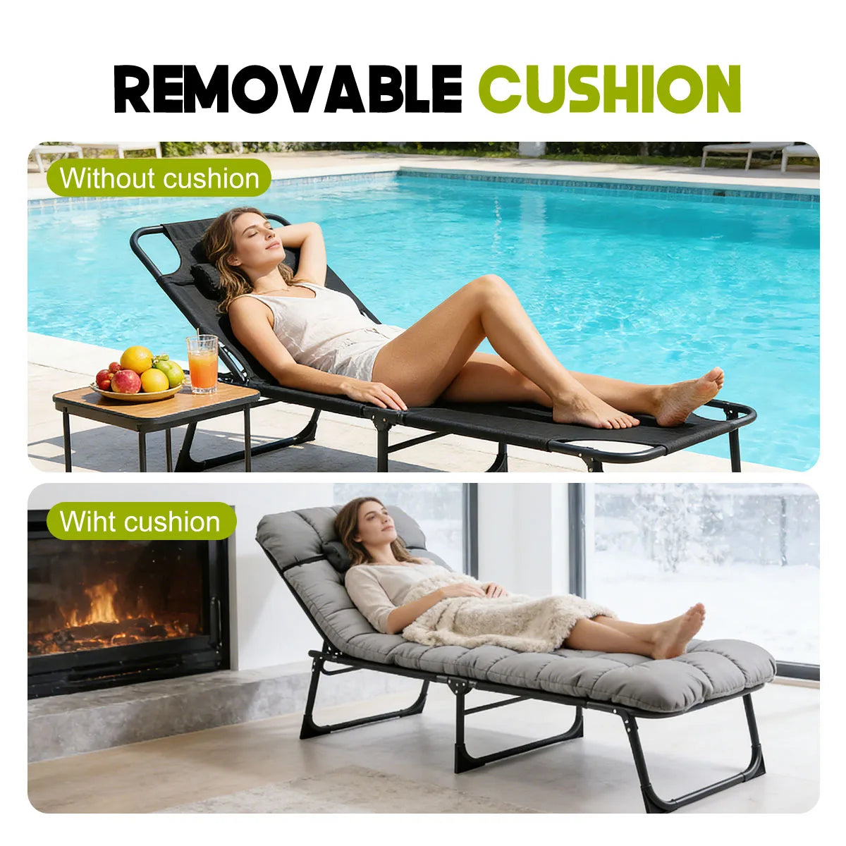 Portable Folding Camping Lounge Chair With Cushion, 3-Position Reclining