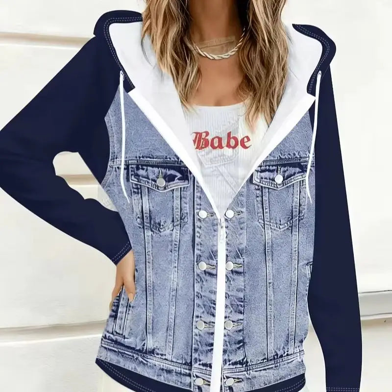 Women Hooded Faux Denim Jacket Featuring Zipper Front Design