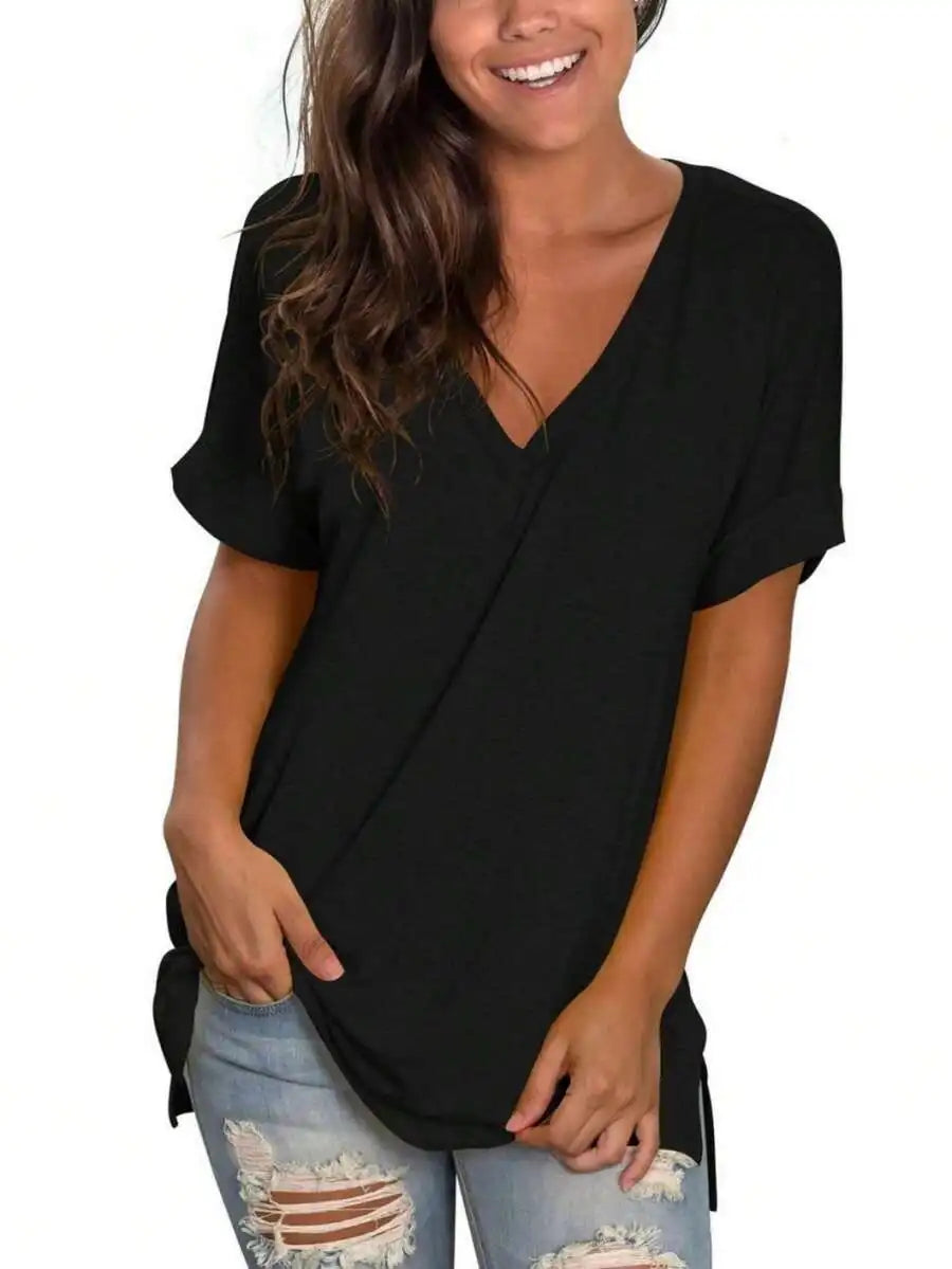 Womens Casual V Neck Short Sleeve Loose Summer Tunic