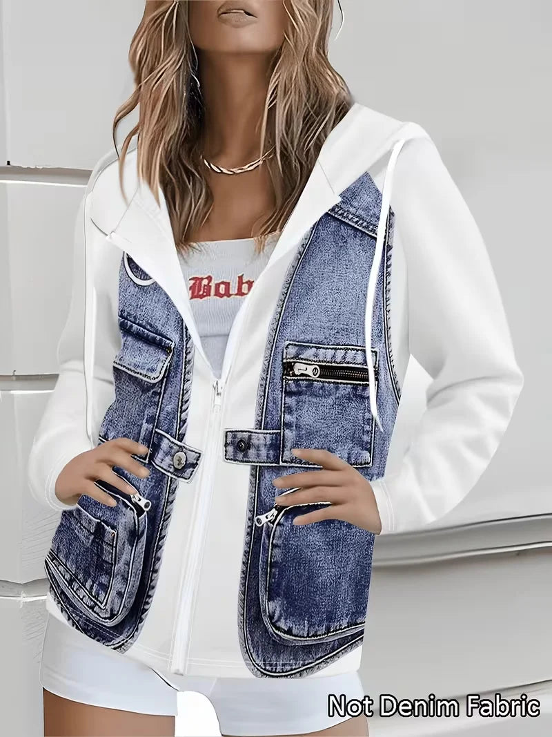 Women Hooded Denim Patchwork Jacket With Casual Zipper Front Style