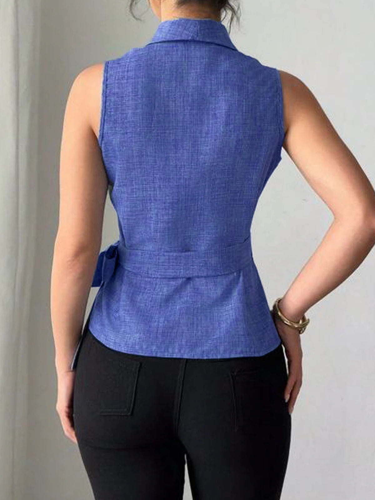 Womens Sleeveless V Neck Wrap Blouse With Adjustable Tie Waist