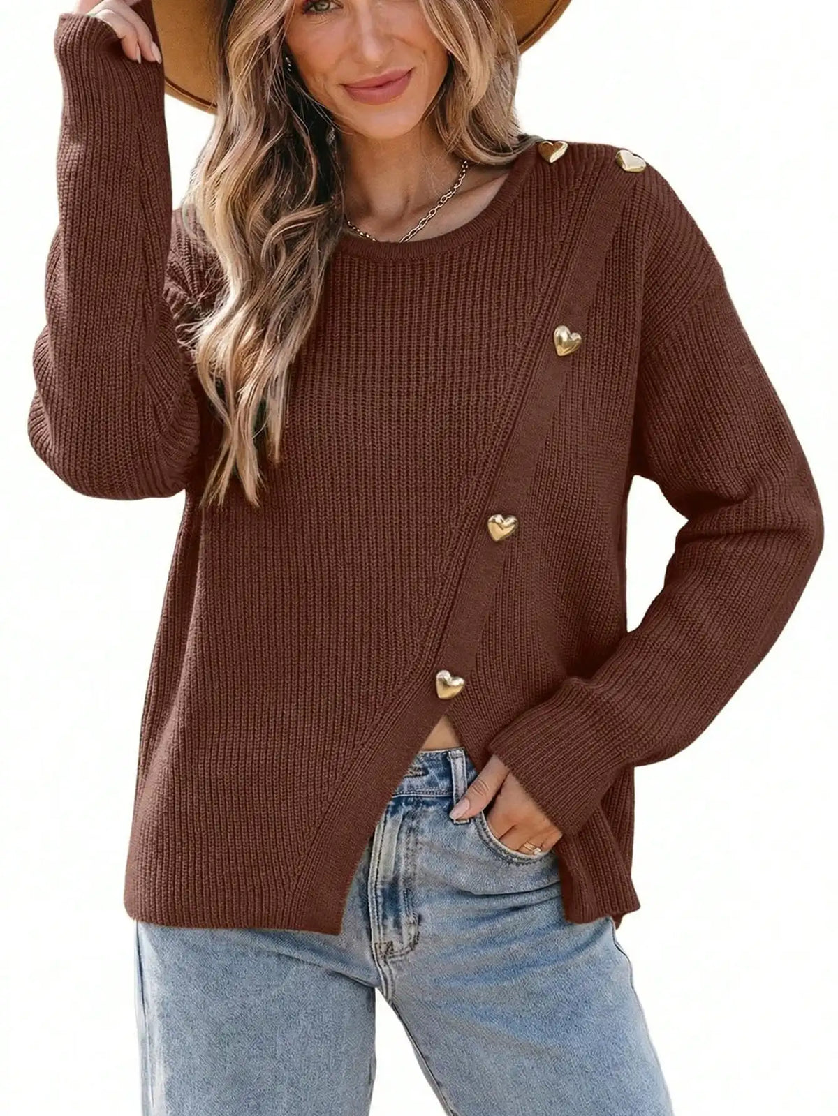 Womens Cable Knit Pullover Sweater With Side Split Crewneck