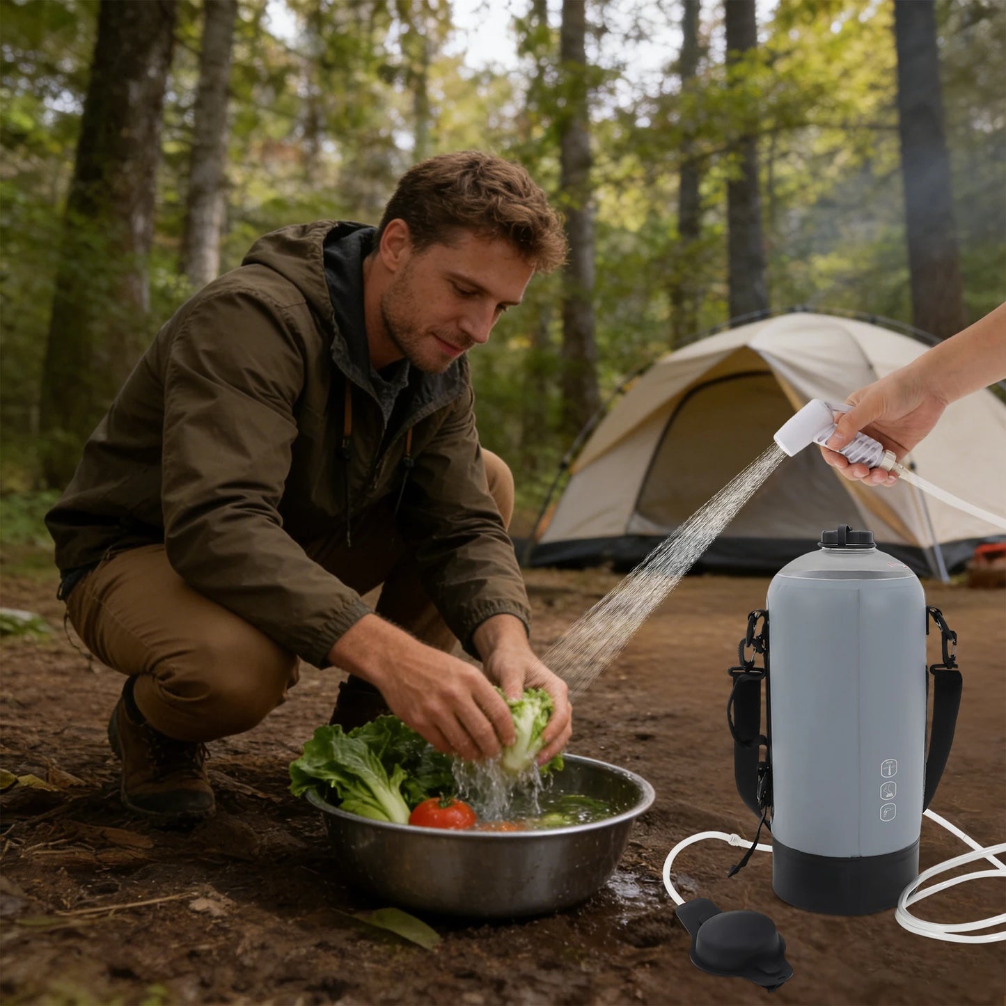 12L Portable Pressure Camp Shower Outdoor Bathing Device with Air Pump for Showering/Washing