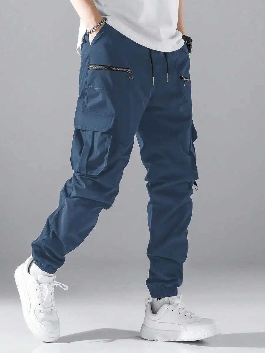 Loose Fit Mens Cargo Pants With Flap Pockets Elastic Waist