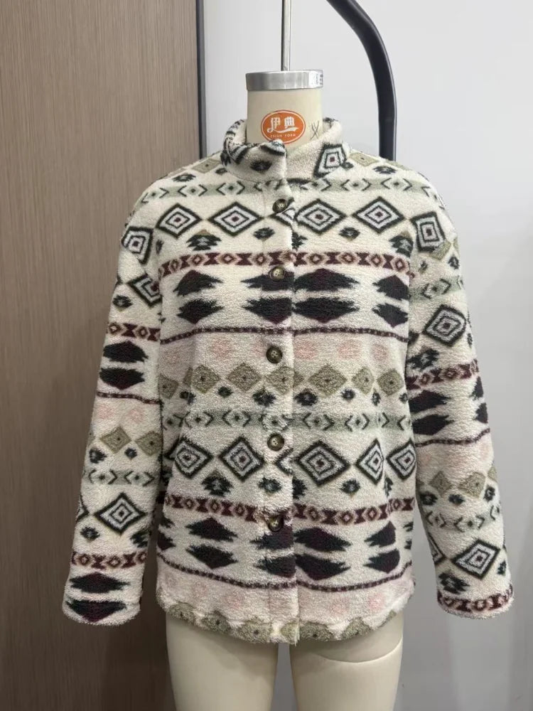 Women's Fleece Winter Jacket with Windproof Design and Button Closure
