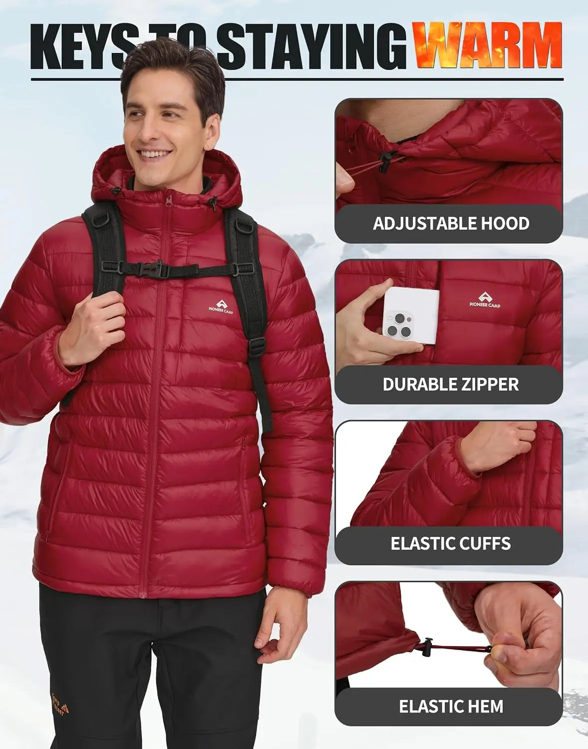 Pioneer Camp Men's Lightweight Hooded Packable Insulated Puffer Jacket for Hiking