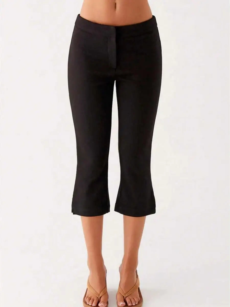 Women Low Rise Capri Pants Solid Slim Fit Cropped Trousers Cotton Blend Casual