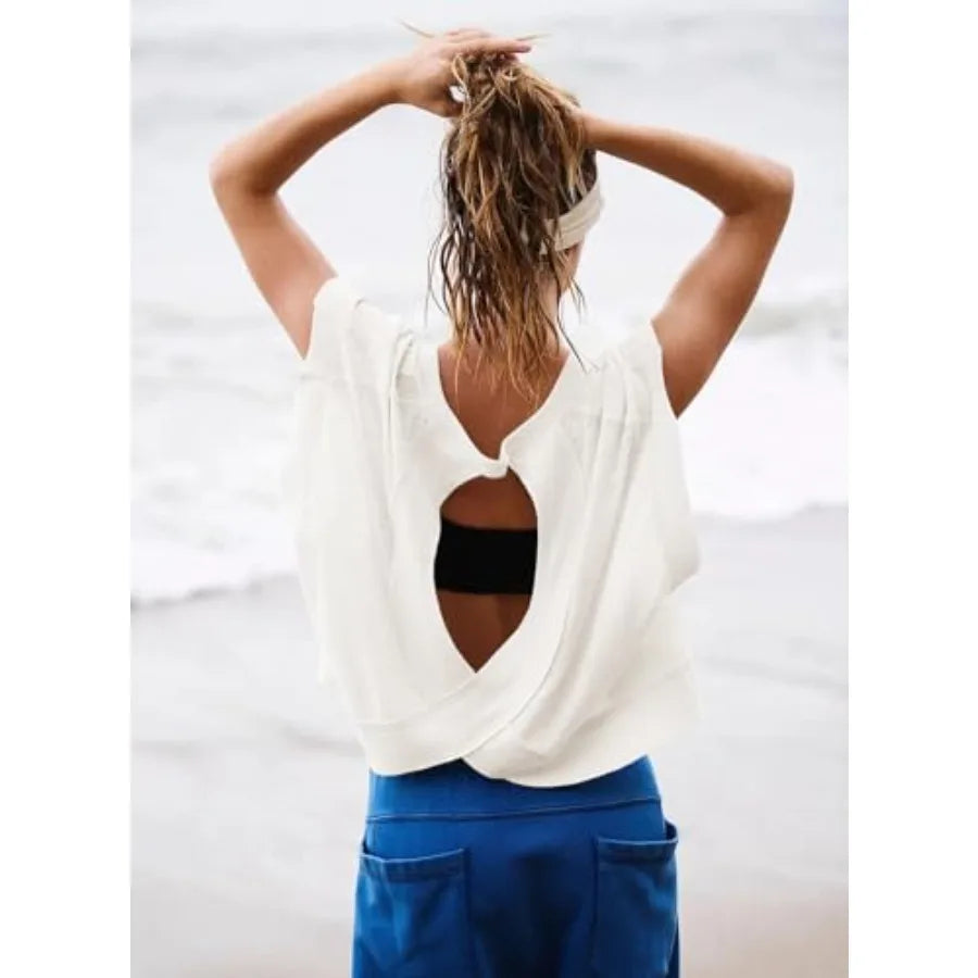 Kumufenc Women Short Sleeve Workout Shirts Open Back Tops Casual Yoga Y2k Athletic Gym Slouchy Crop Running Tees