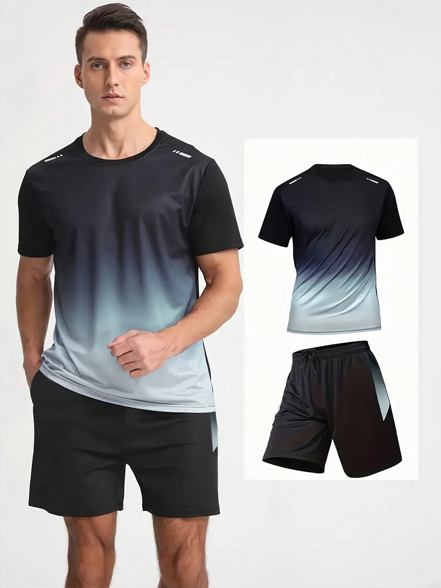 12 pcs color random including 6 T-shirts+6 shorts  men's gradient short sleeved shorts breathable and quick drying casual fitnes