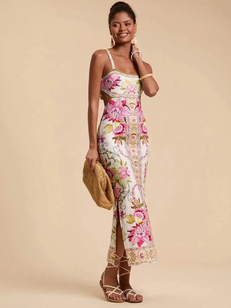 Womens Floral Print Fitted Spaghetti Strap Dress For Beach Party
