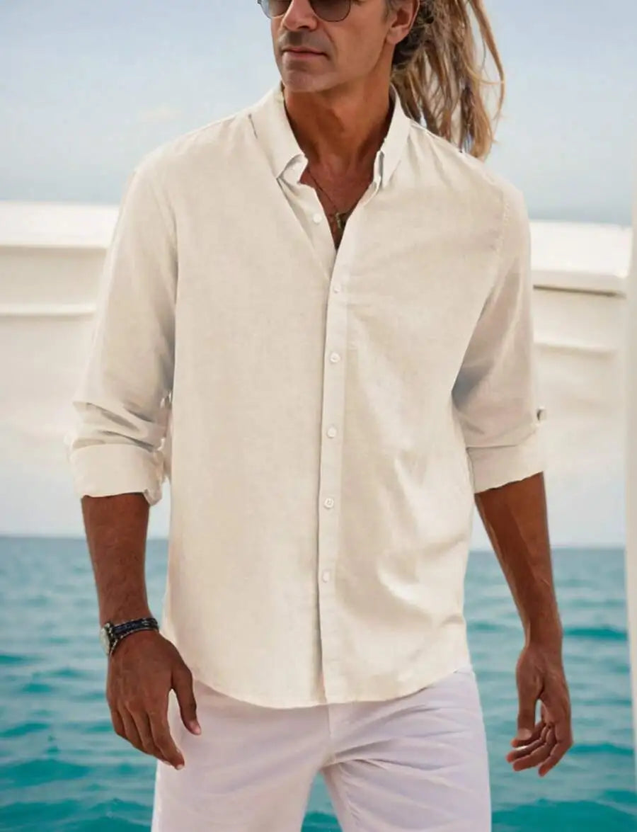 Mens Cotton Linen Button Down Shirt Solid Color Casual Long Sleeve Beach Shirt