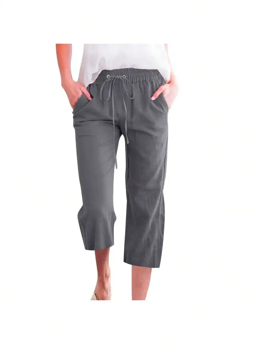 Womens Summer Elastic High Waist Linen Cotton Blend Drawstring Capris